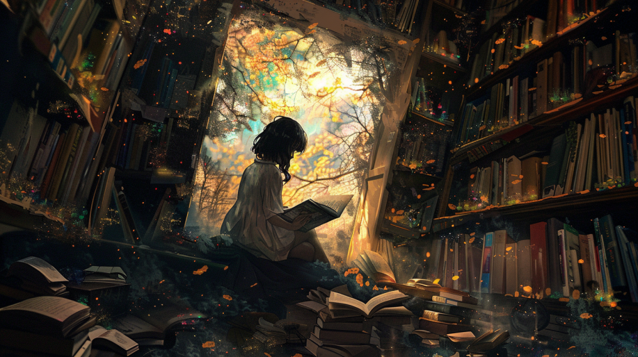 girl reading a book in a room full of books