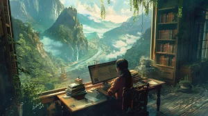 woman at a computer writing a book look at the views